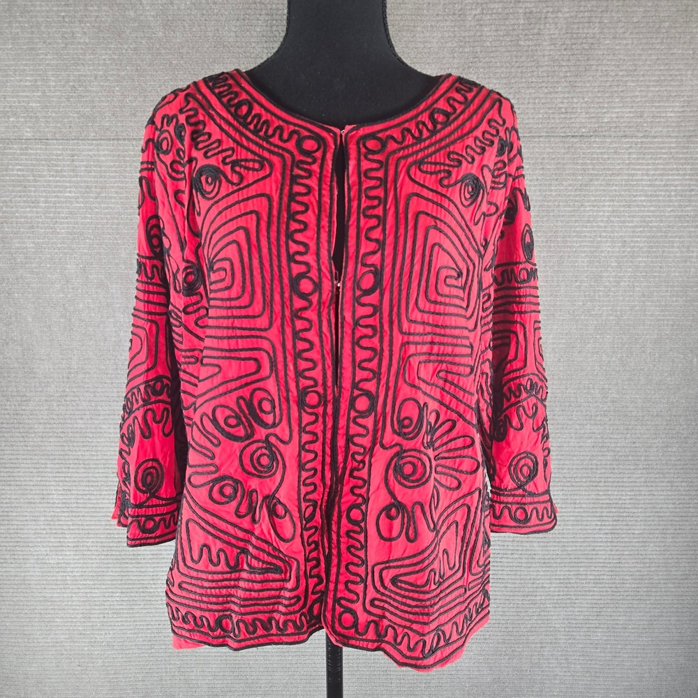 Izaro Womens XL Red Black Soutache Embroidered Open Front Topper Jacket